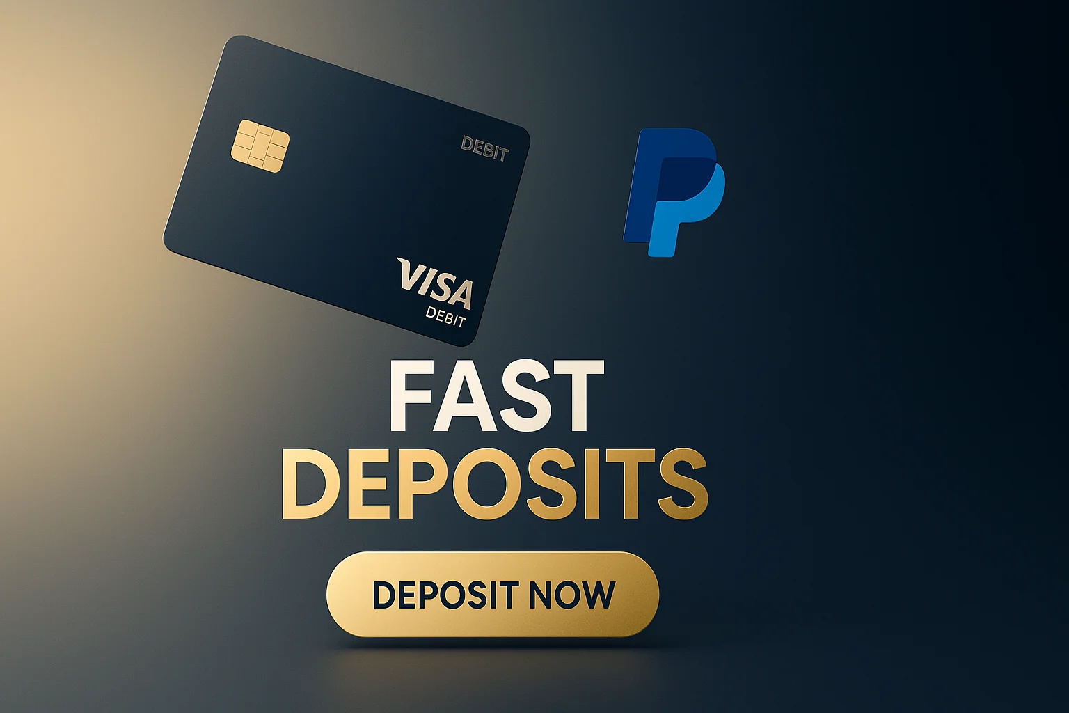 Photorealistic sports betting banner with fast deposits text and gold button