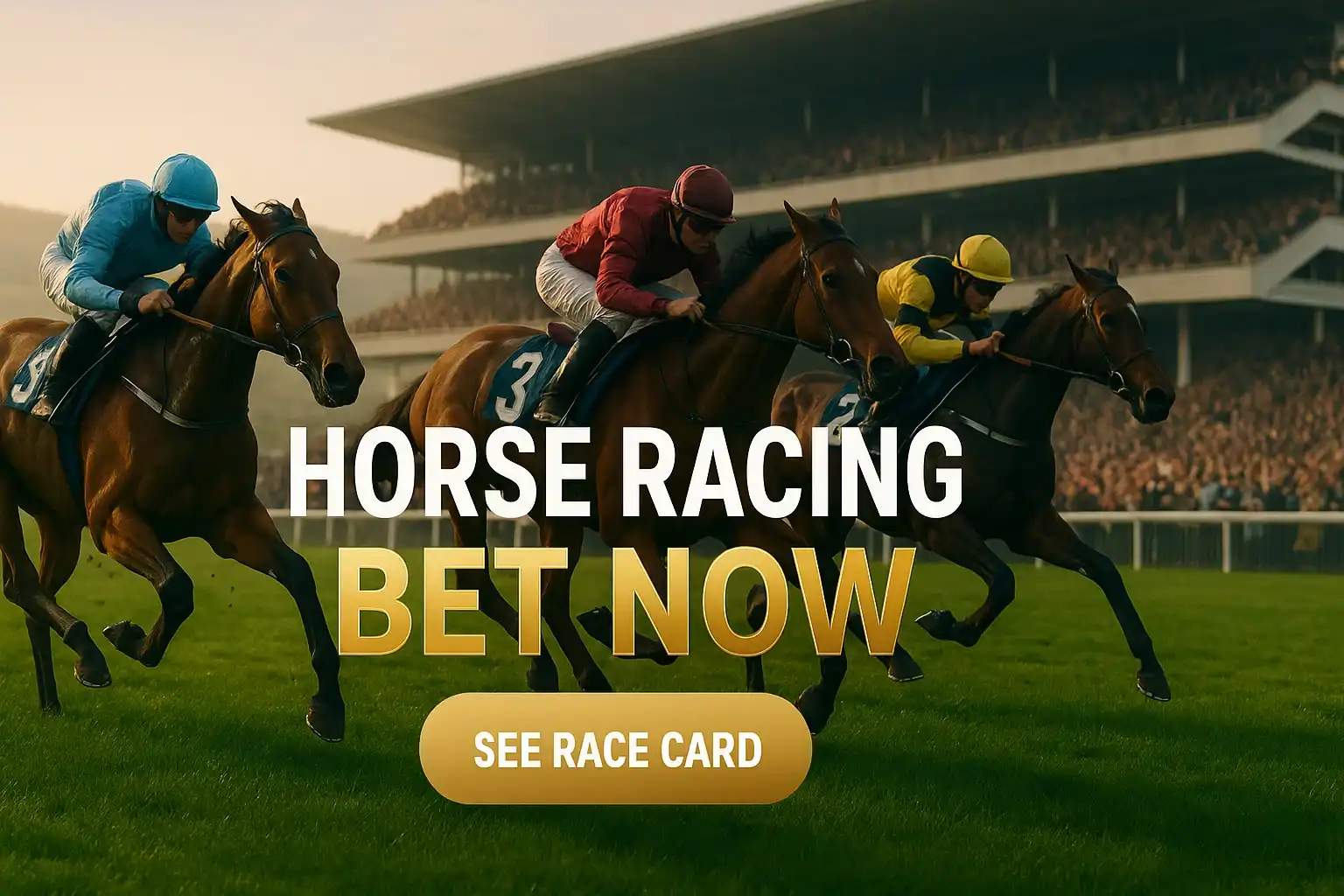 Three thoroughbreds racing at Cheltenham with betting banner text overlay