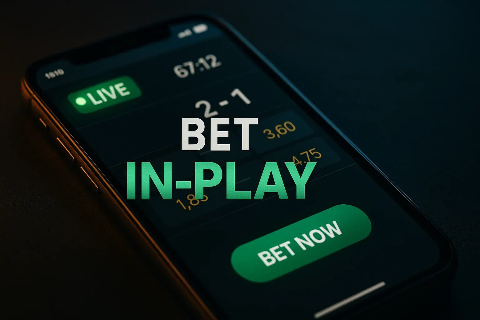 Smartphone showing live in-play football betting odds on dark blue background