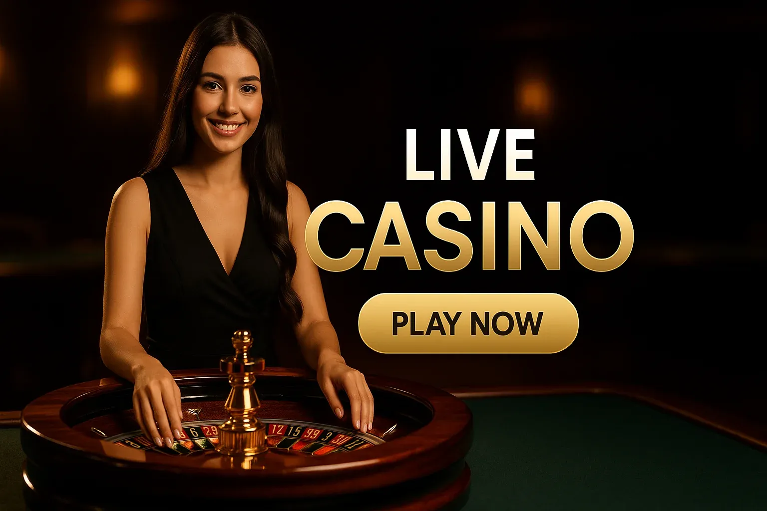 Elegant female croupier with roulette wheel on live casino banner