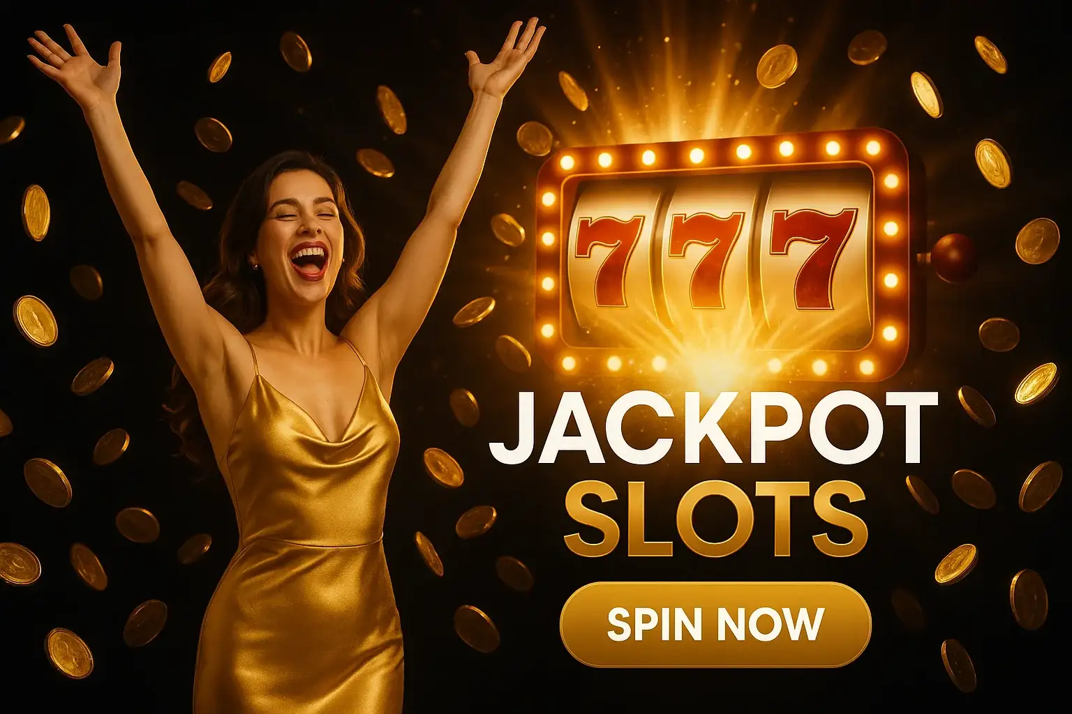Glamorous woman celebrates jackpot beside glowing slot machine with raining gold coins